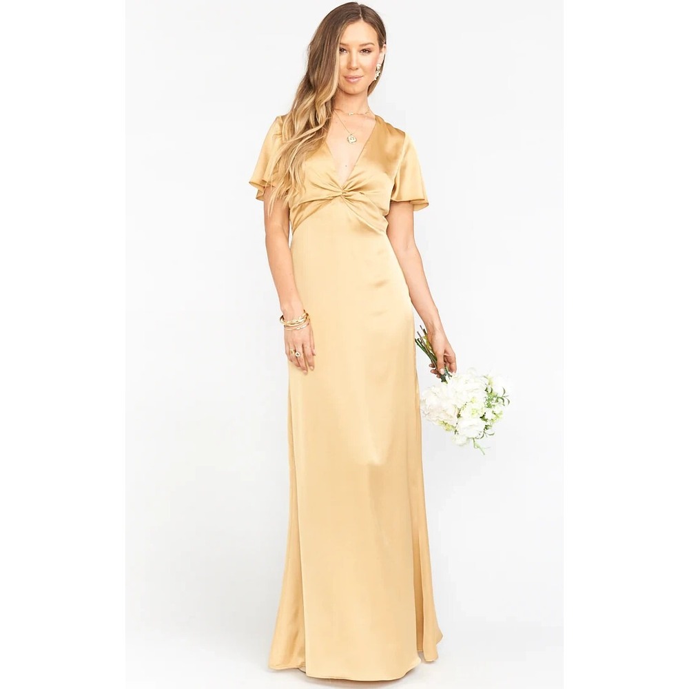NWT Show Me Your Mumu Rome Twist Maxi Gown True Gold Luxe Satin XS $198